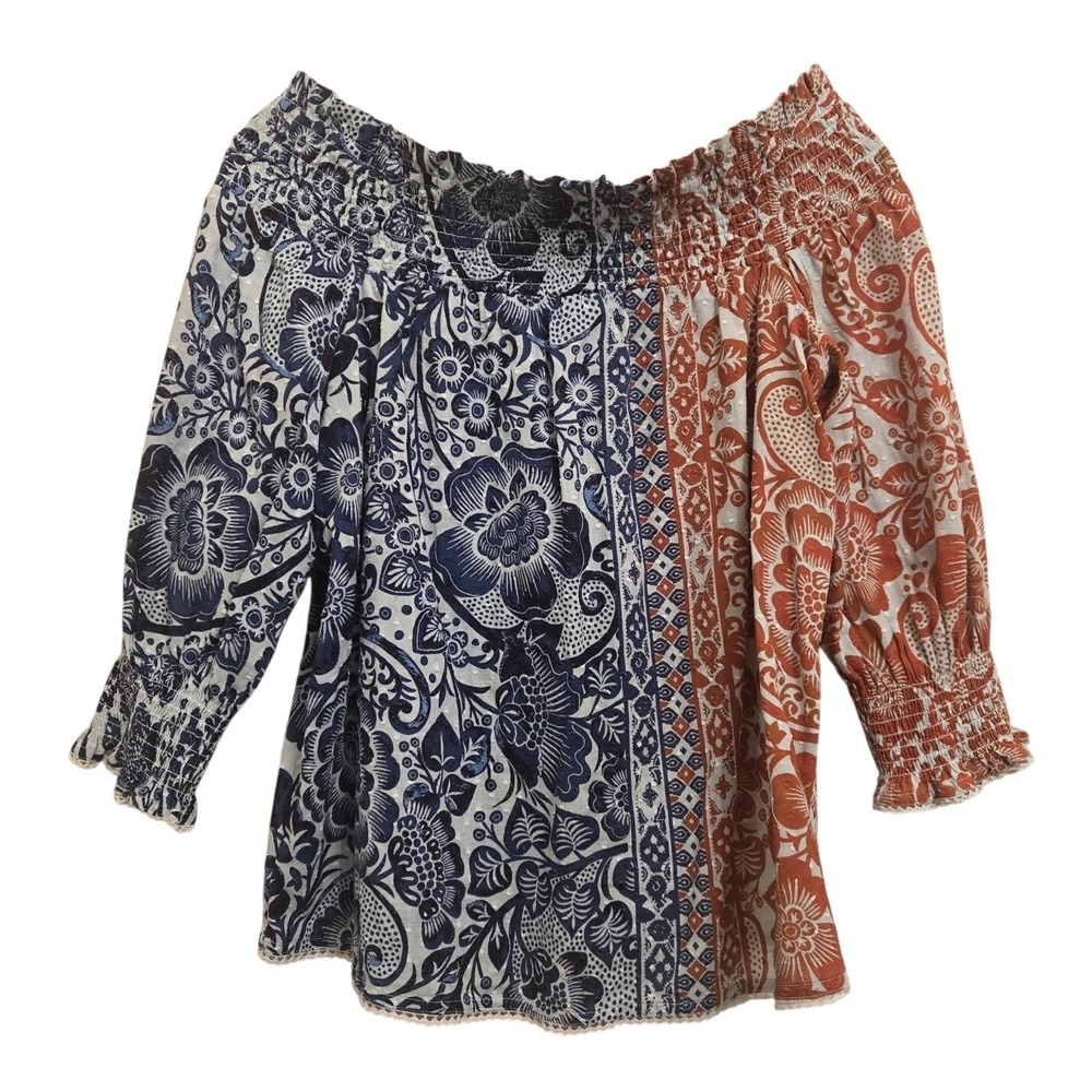 Chicos Womens 0 US 4 Blue Orange Floral Paisley Smocked Off Shoulder Cotton Top